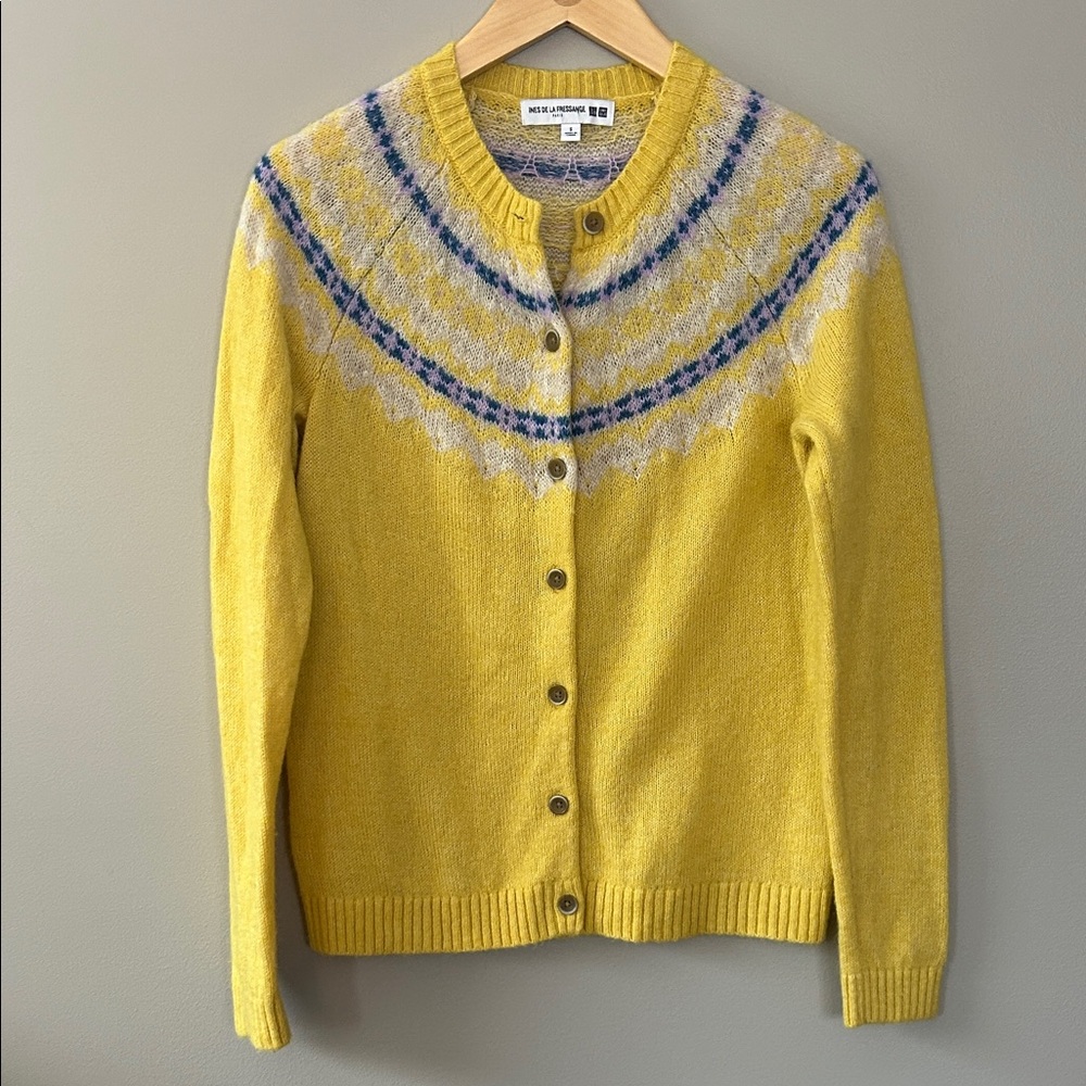 Ines‎ De La Fressange x Uniglo Yellow Fair Isle Cardigan Sweater Size Small Wool